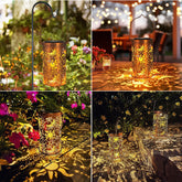 Solar-powered lanterns casting decorative shadows in various outdoor settings.